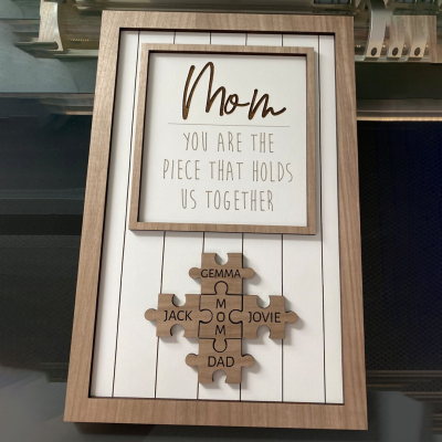 Handmade Personalized Wood Mom Puzzle Sign | Mom You Are The Piece That Holds Us Together | Ideal Gift for Mom Grandma on Mother's Day